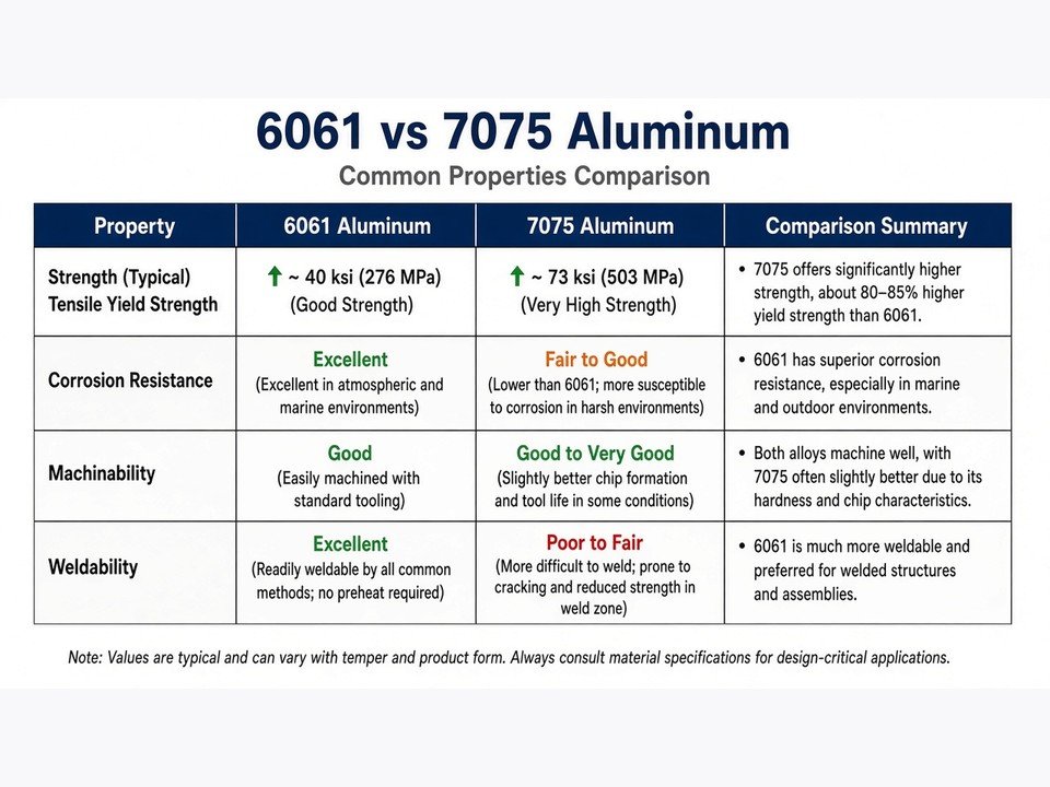 CNC machined structural components comparison showing 6061 vs 7075 aluminum alloys