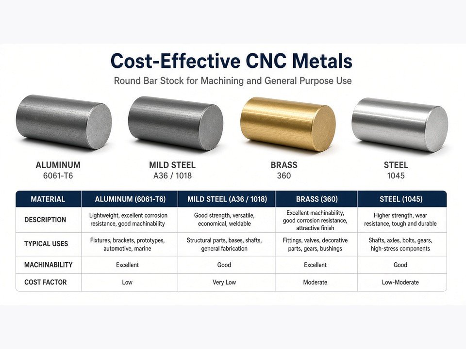 Finished CNC machined metal components in aluminum and steel arranged on a workbench for cost comparison