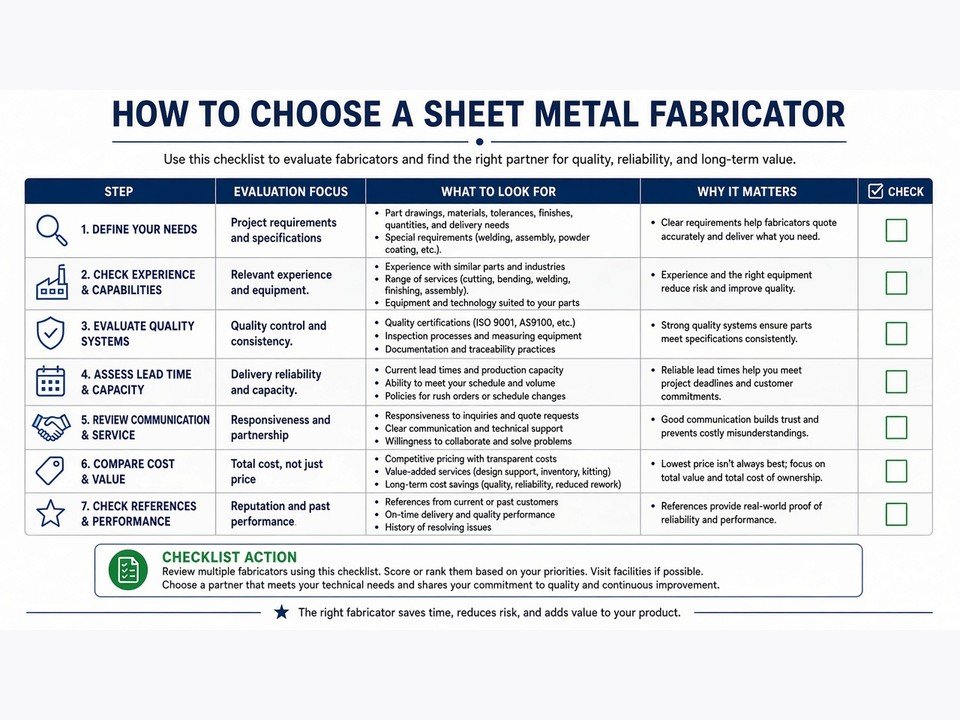 Fabricator operating a press brake and inspecting a formed sheet metal enclosure in an American job shop