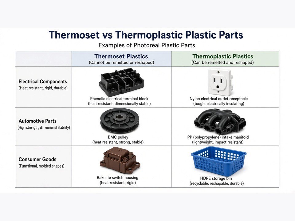 Injection molded thermoplastic components and cured thermoset composite parts side by side on a workbench