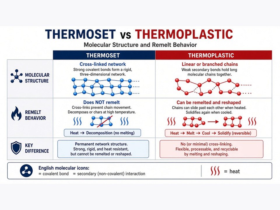 Comparison of thermoset and thermoplastic polymer molecular structures showing cross-linked network versus separate polymer chains